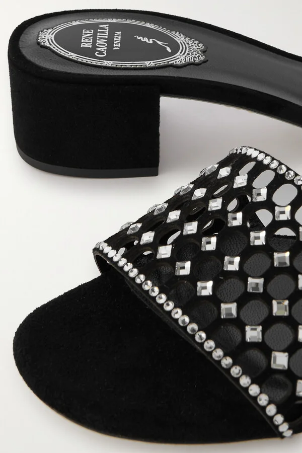 René Caovilla - Cutout Crystal-embellished Suede Mules - Black - Image 4