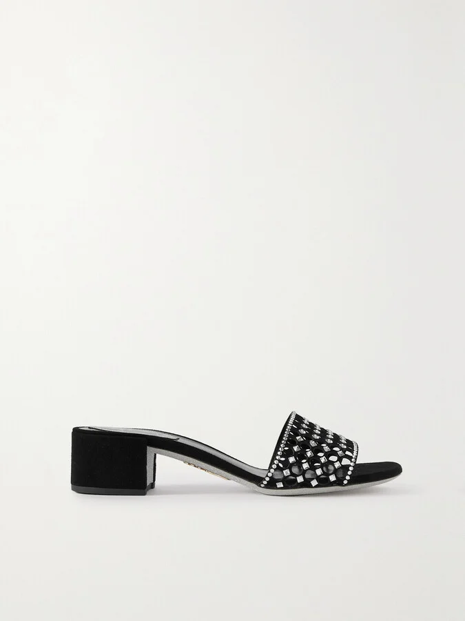 René Caovilla - Cutout Crystal-embellished Suede Mules - Black