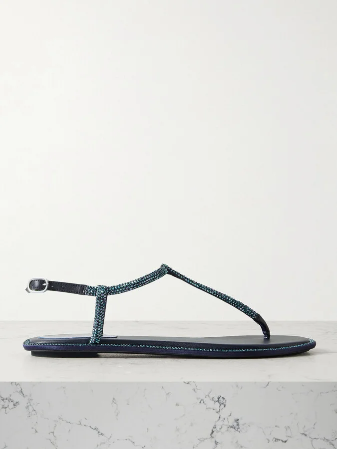 René Caovilla - Diana Crystal-embellished Leather-trimmed Satin Sandals - Blue