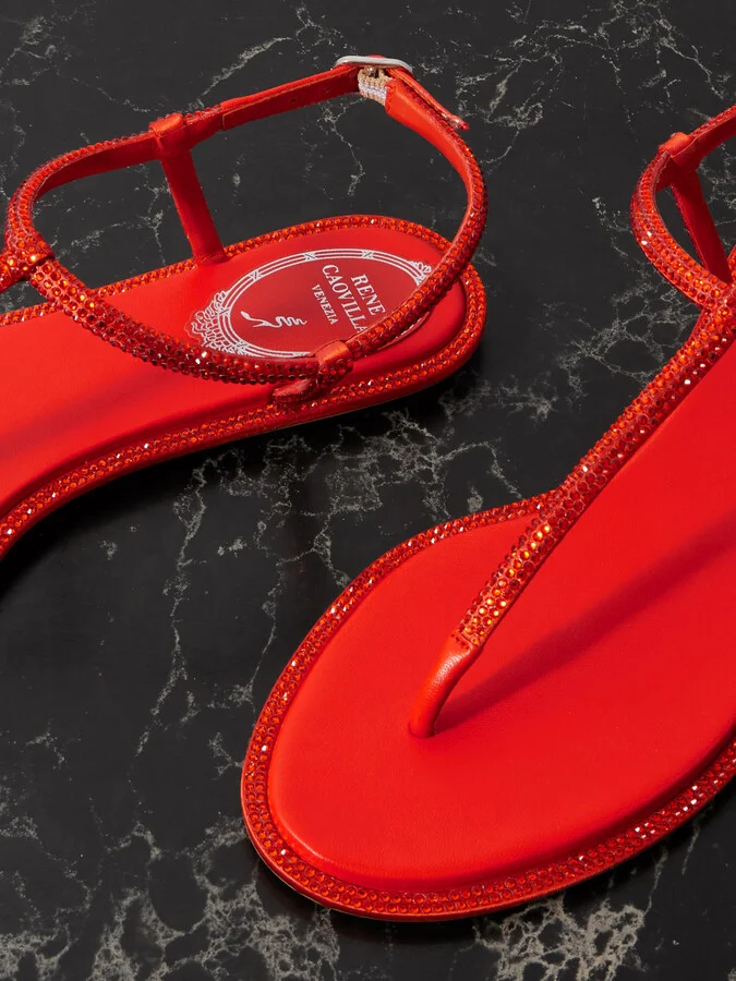 René Caovilla - Diana Crystal-embellished Leather-trimmed Satin Sandals - Orange - Image 4