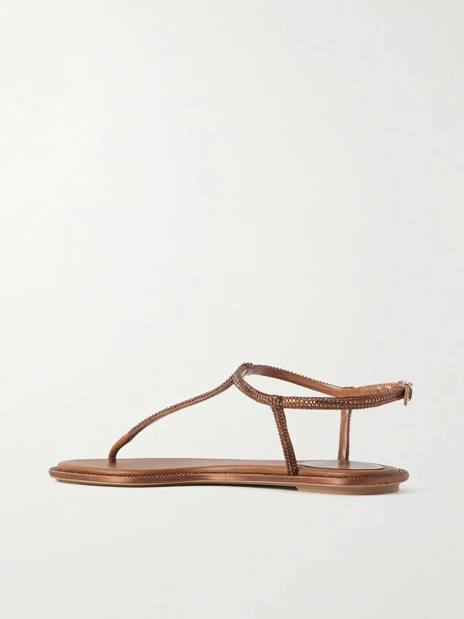 René Caovilla - Diana Leather-trimmed Crystal-embellished Satin Sandals - Brown - Image 3