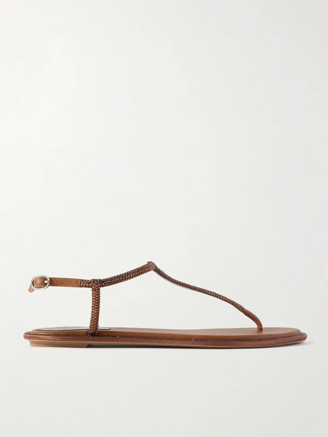 René Caovilla - Diana Leather-trimmed Crystal-embellished Satin Sandals - Brown