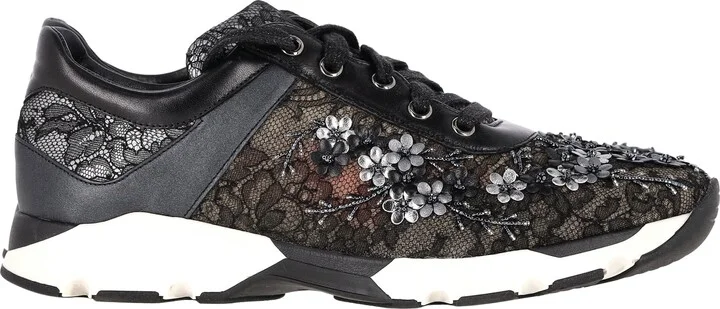 Rene Caovilla Embellished Lace Up Sneakers in Black Leather