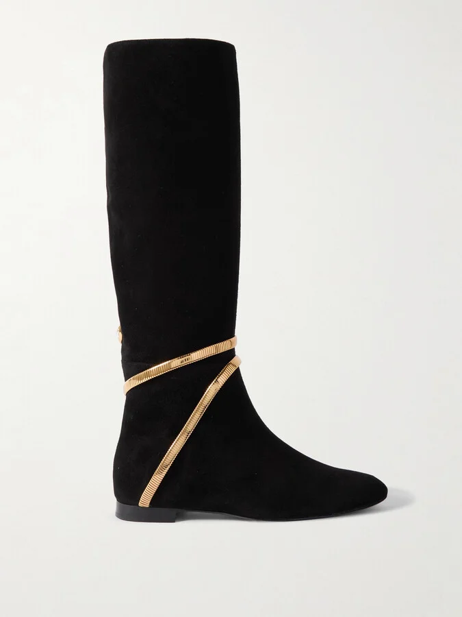 René Caovilla - Embellished Suede Knee Boots - Black