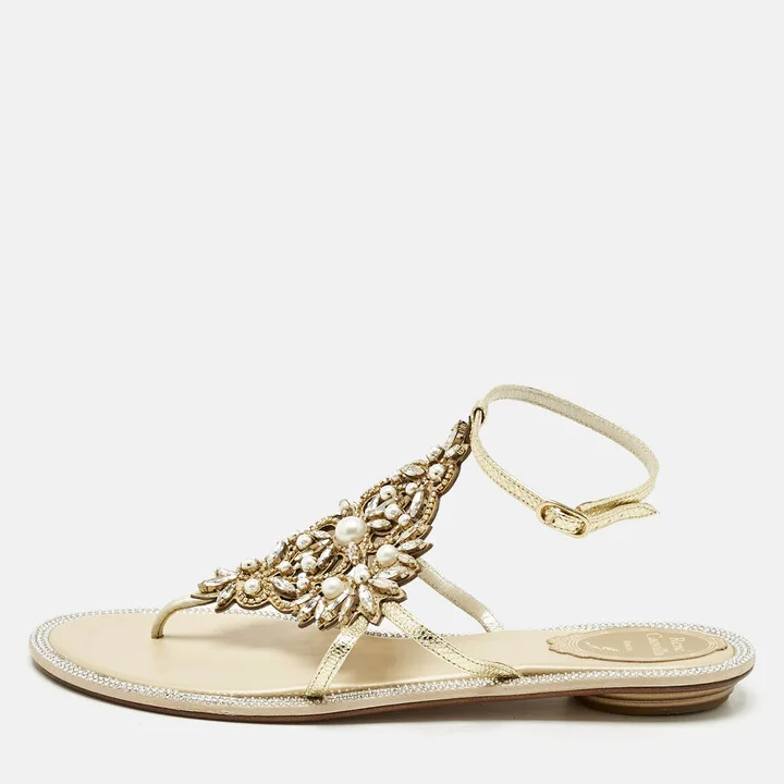 René Caovilla Gold Karung Leather Crystal Embellished Flat Sandals Size 39