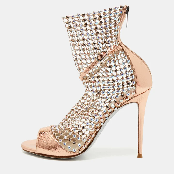 Rene Caovilla Gold Snake Embossed and Mesh Crystal Embellished Galaxia Sandals Size 38