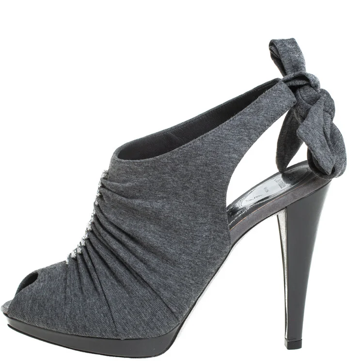 René Caovilla Grey Fabric Crystal Embellished Ankle Tie Slingback Sandals Size 38