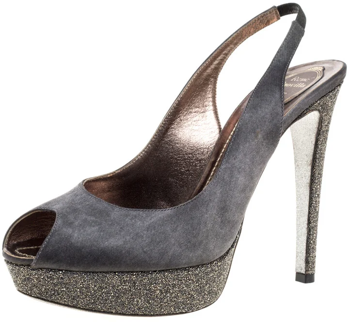 Rene Caovilla Grey Satin Peep Toe Slingback Platform Sandals Size 40.5
