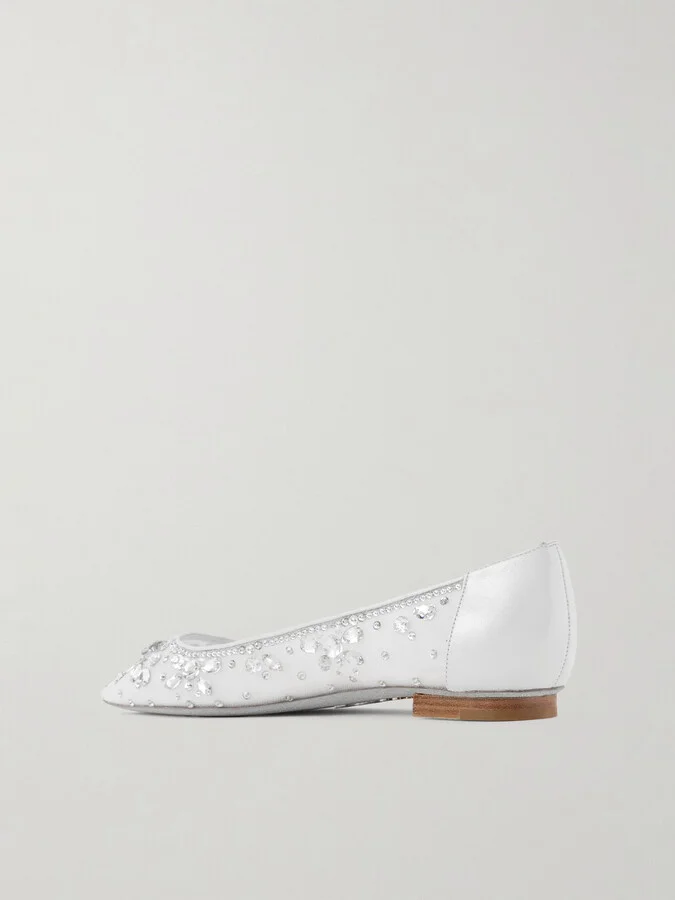 René Caovilla - Leather-trimmed Crystal-embellished Tulle Point-toe Flats - White - Image 3