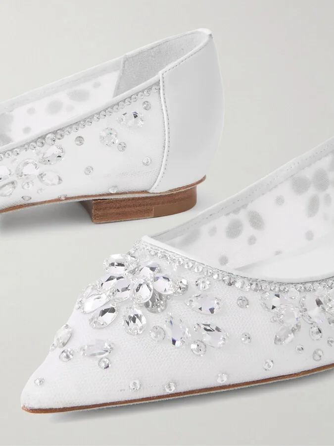 René Caovilla - Leather-trimmed Crystal-embellished Tulle Point-toe Flats - White - Image 4