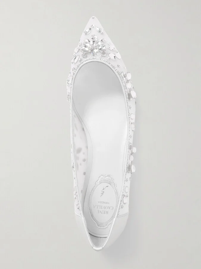 René Caovilla - Leather-trimmed Crystal-embellished Tulle Point-toe Flats - White - Image 5
