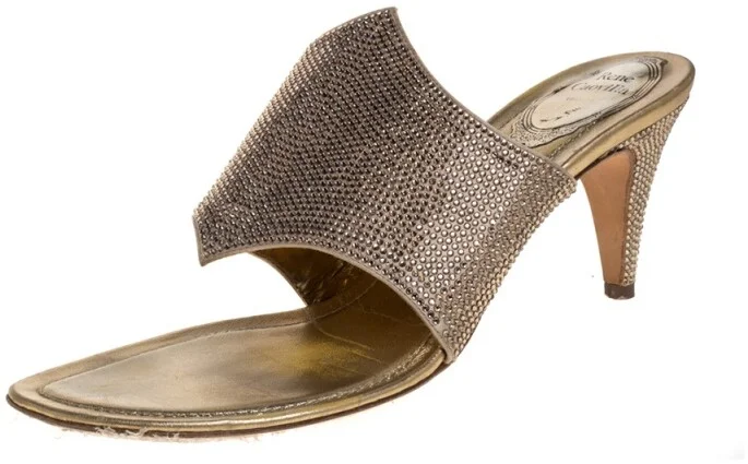 Rene Caovilla Metallic Gold Satin Crystal Embellished Slide Sandals Size 38