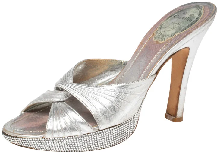 Rene Caovilla Metallic Silver Leather Slide Sandals Size 37.5