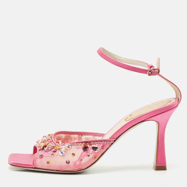 René Caovilla Pink Lace Crystal Embellished Ankle Strap Sandals Size 37