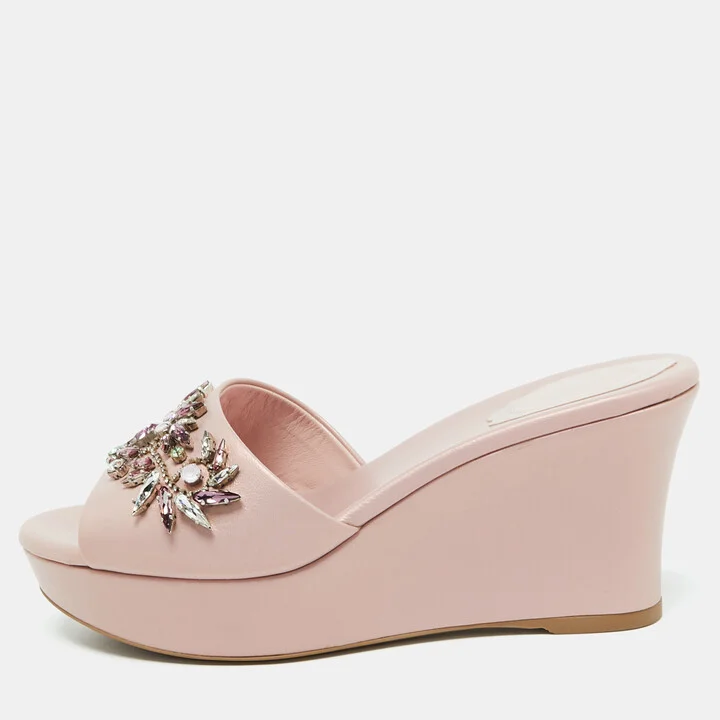 René Caovilla Pink Leather Crystal Embellished Platform Wedge Sandals Size 36