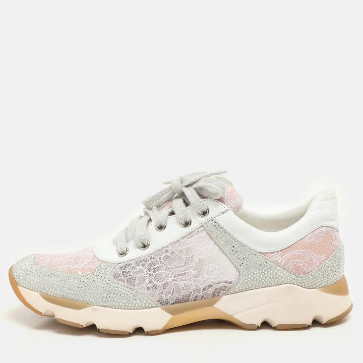René Caovilla Pink/White Lace and Leather Crystal Embellished Low Top Sneakers Size 37