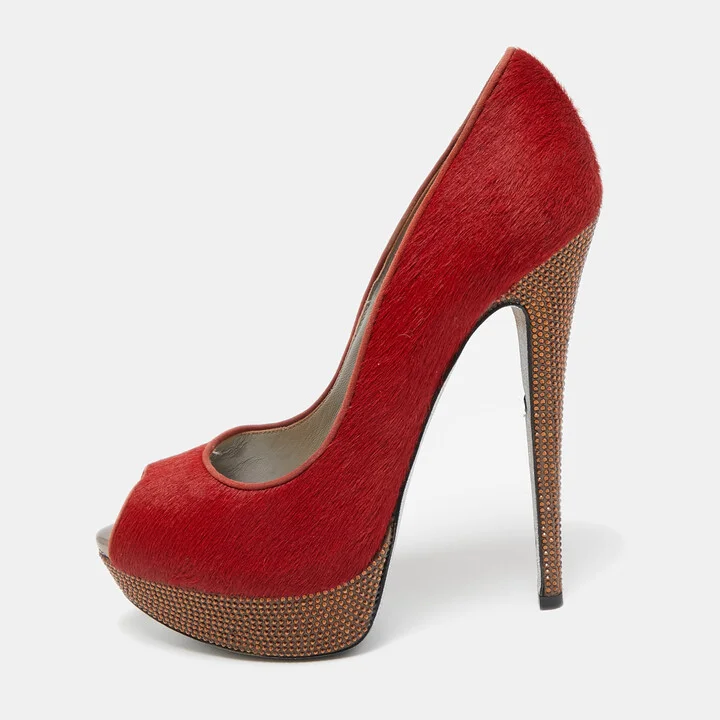 René Caovilla Red Calf Hair Crystal Embellished Platform Peep Toe Pumps Size 38