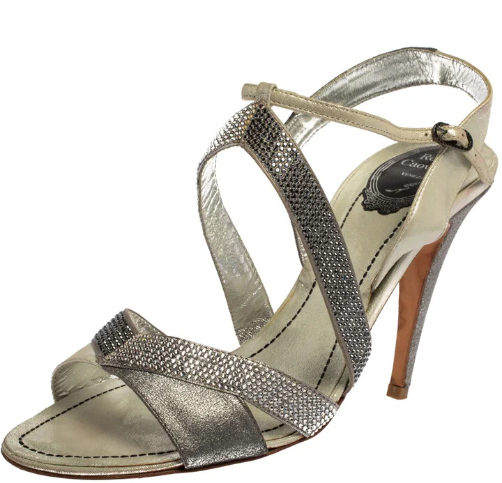 René Caovilla Silver/Grey Embellished Satin And Glitter Nubuck Leather Ankle Strap Sandals Size 39.5