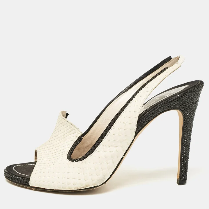 René Caovilla White Python Crystal Embellished Slingback Sandals Size 39