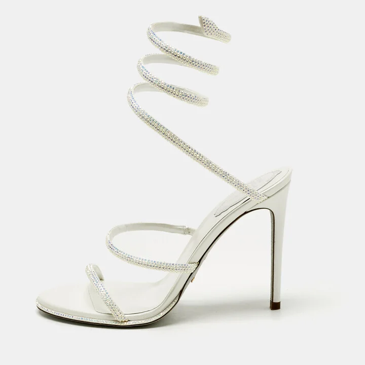 René Caovilla White Satin Cleo Crystals Sandals Size 39