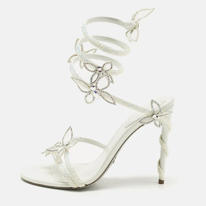 René Caovilla White Satin Crystal Embellished Margot Sandals Size 38