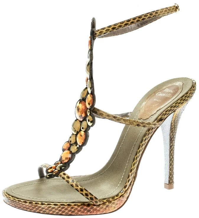 René Caovilla Yellow Python Crystal Embellished Strappy Sandals Size 37.5