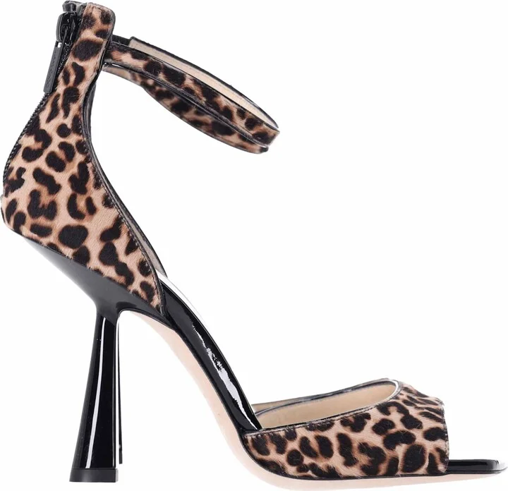 Reon Leopard Print Ankle Strap Heeled Sandals in Brown Calf Hair