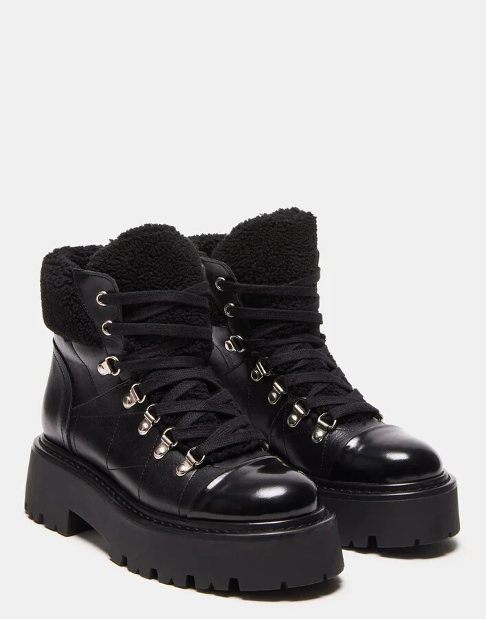 Reyen Boots Women's 6 Black Faux Leather Round Toe Platform KHD2604 (Black,6)