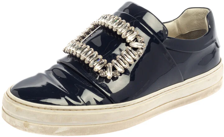Rger Vivier Blue Patent Leather Sneaky Viv Embellished Low Top Sneakers Size 35