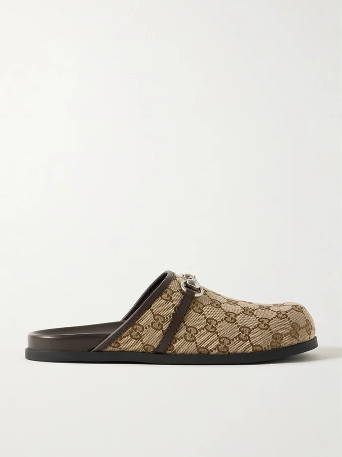 Rhein Horsebit Leather-Trimmed Canvas-Jacquard Mules