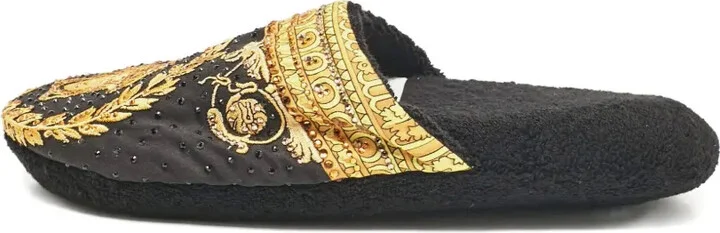 Rhinestone-Embellished Baroque-Pattern Flat Mules