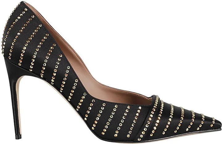 Rhinestone-Embellished Black Satin Jillian 90 Pumps