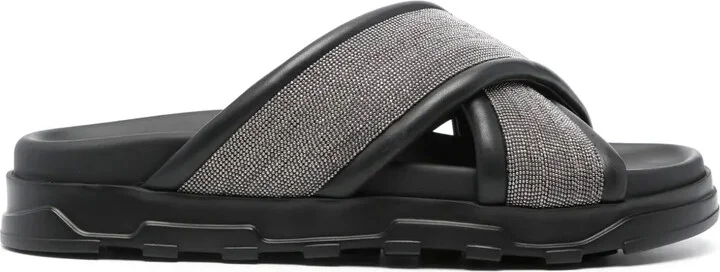 Rhinestone-Embellished Leather Slides