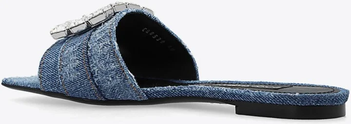 Rhinestone Embellished Patchwork Denim Flat Sandals - Image 2