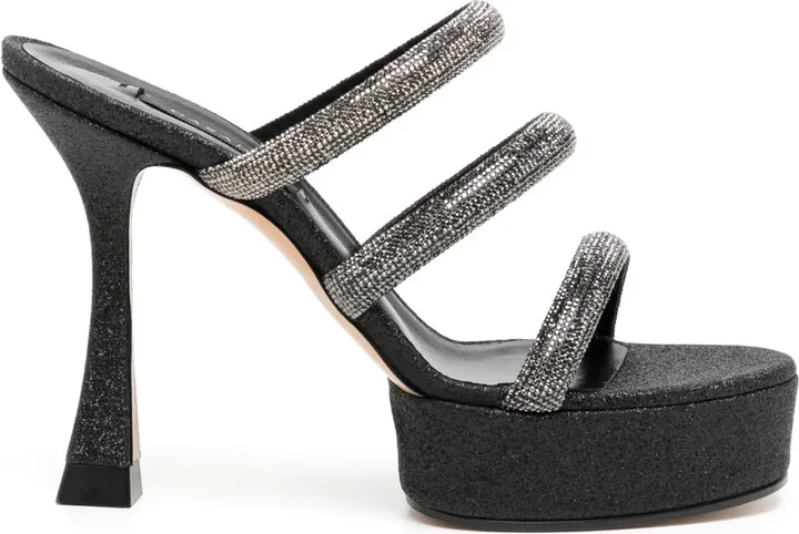 Rhinestone-Strap Heeled Mule Sandals