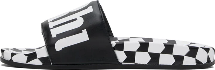 Rhude Black Checkered Leather Slides - Image 3