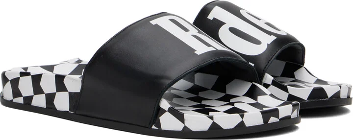 Rhude Black Checkered Leather Slides - Image 4