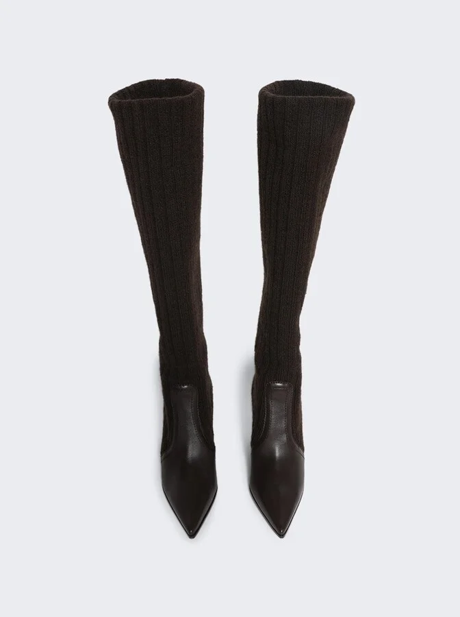 Ribbed Knit Calf Boots Beige