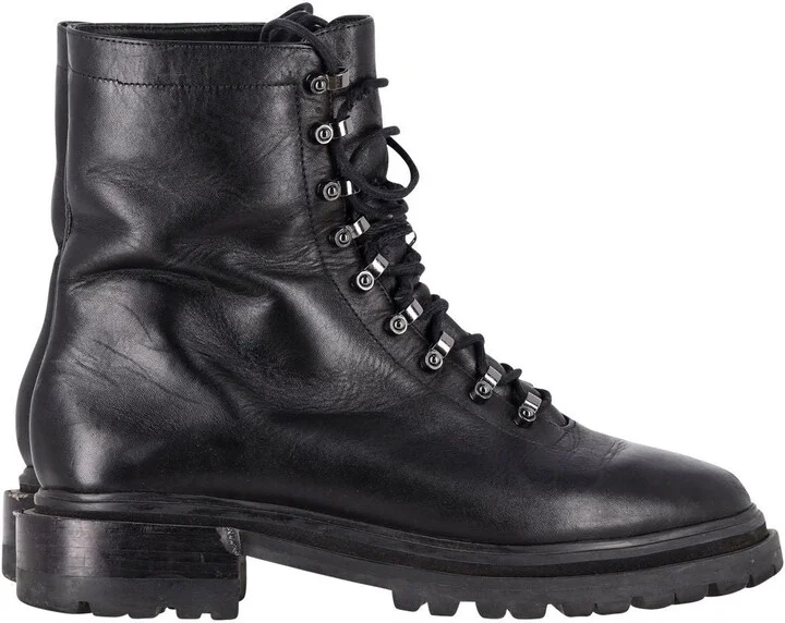 Ribbed-Knit Trimmed Combat Boots in Black Leather
