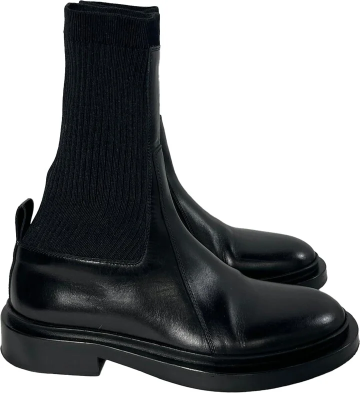 Ribbed Sock Chelsea Ankle Boots in Black Leather