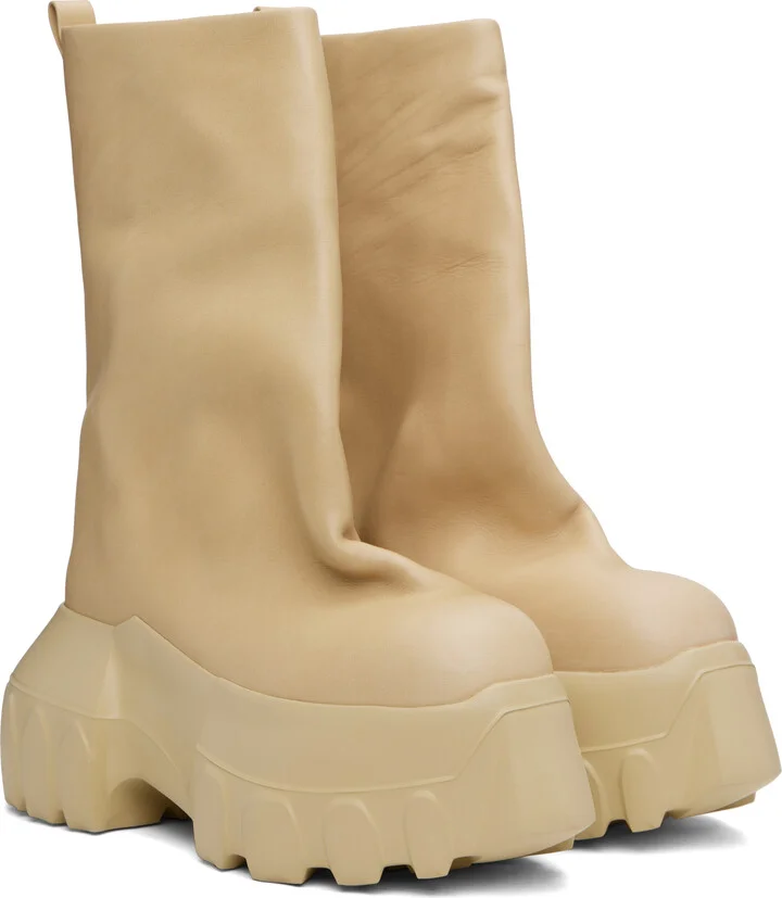 Rick Owens Beige Hollywood Flared Mega Tractor Boots - Image 4
