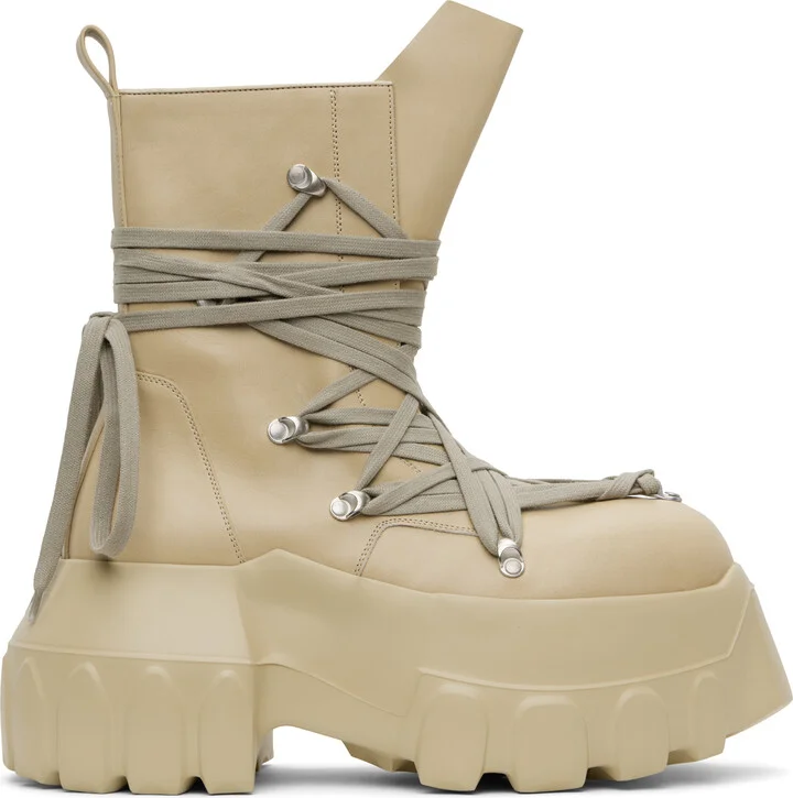 Rick Owens Beige Hollywood Megalace Mega Tractor Boots