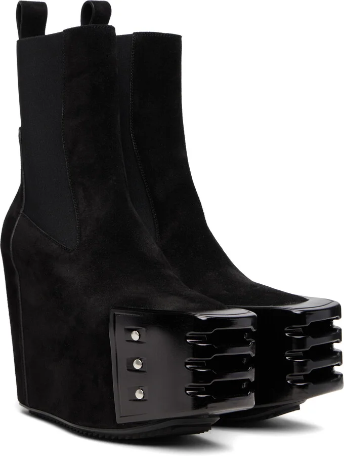 Rick Owens Black Grilled Wedge Beatle Suede Chelsea Boots - Image 4