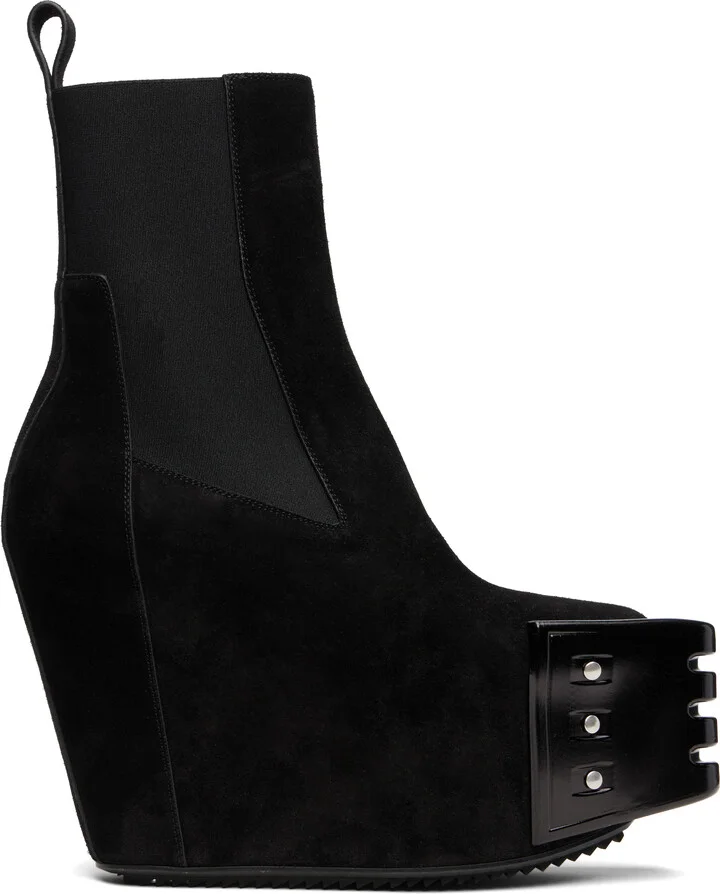 Rick Owens Black Grilled Wedge Beatle Suede Chelsea Boots