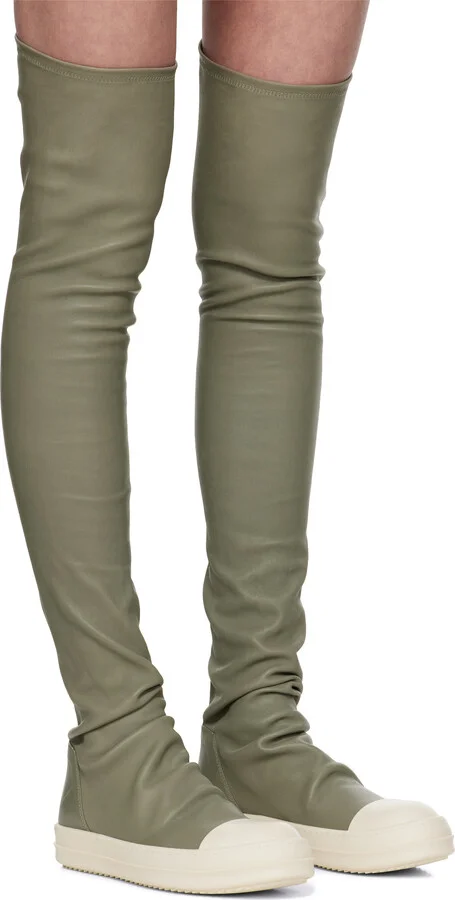 Rick Owens Green Hollywood Knee High Stocking Sneaks Tall Boots - Image 4