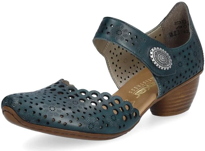 Rieker 43753 Mirjam Women's Mary Jane Heels - Low-Heel Leather Shoes with Adjustable Ankle Strap & Laser-Cut Design - Comfortable Women’s Heels for Casual & Dressy Wear Petrol/Petrol 9.5 M US