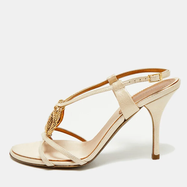 Roberto Cavalli Beige Leather Crystals Embellished Ankle Strap Sandals Size 39