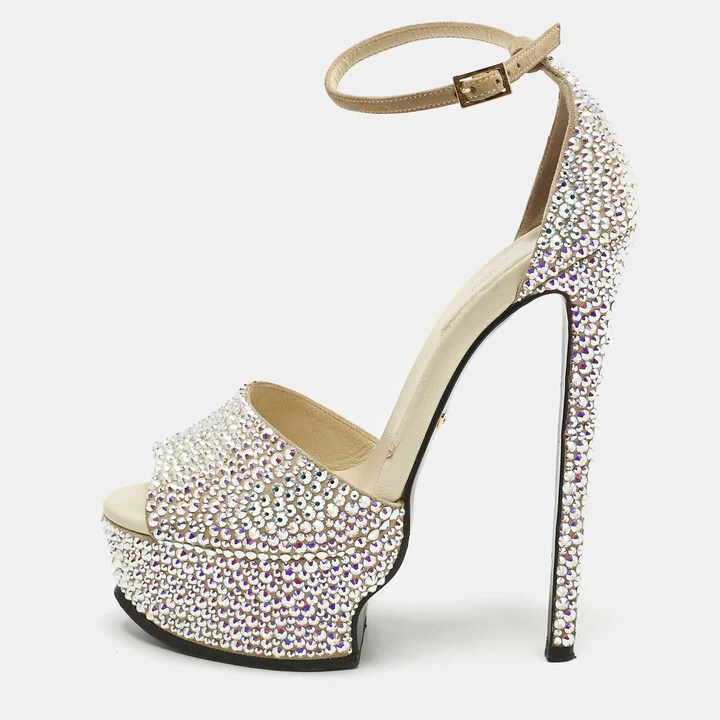 Roberto Cavalli Beige Suede Crystals Embellished Platform Sandals Size 36