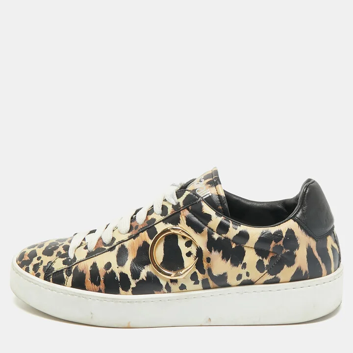Roberto Cavalli Black/Brown Leopard Print Leather Lace Up Sneakers Size 43