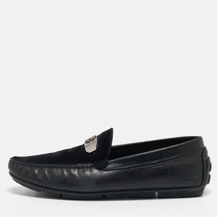 Roberto Cavalli Black Leather and Velvet Slip On Loafers Size 41.5
